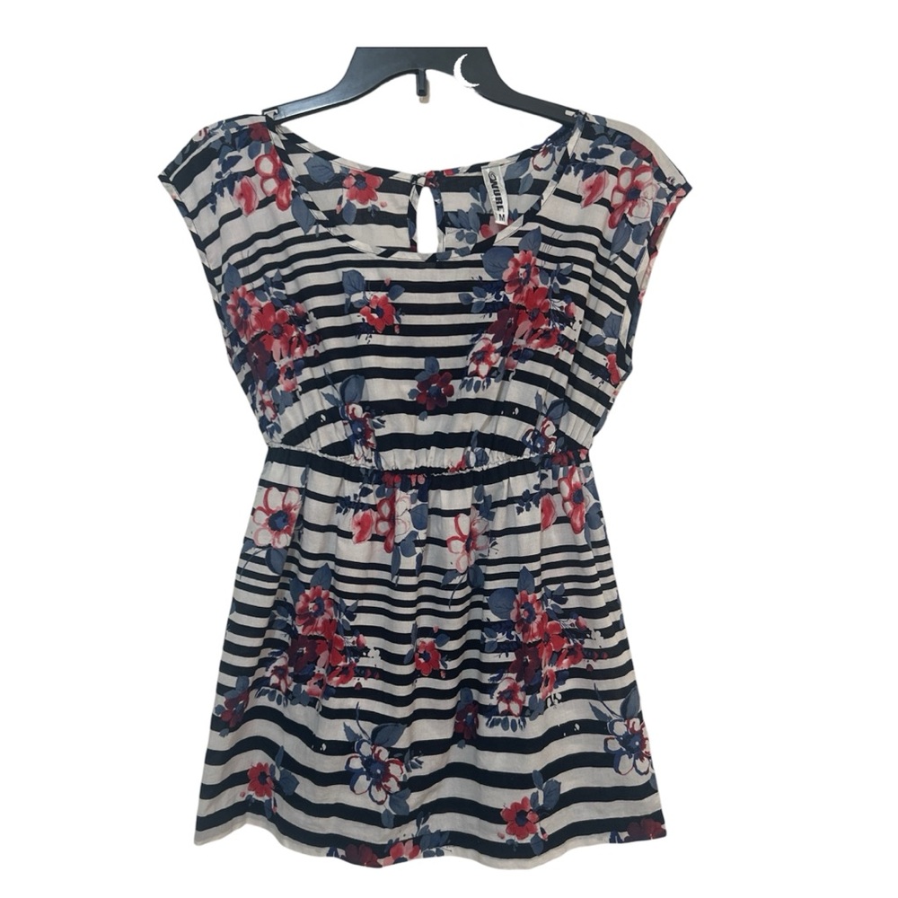 WURL Black & White Striped Floral Cap Sleeve Tunic Top - Size Medium